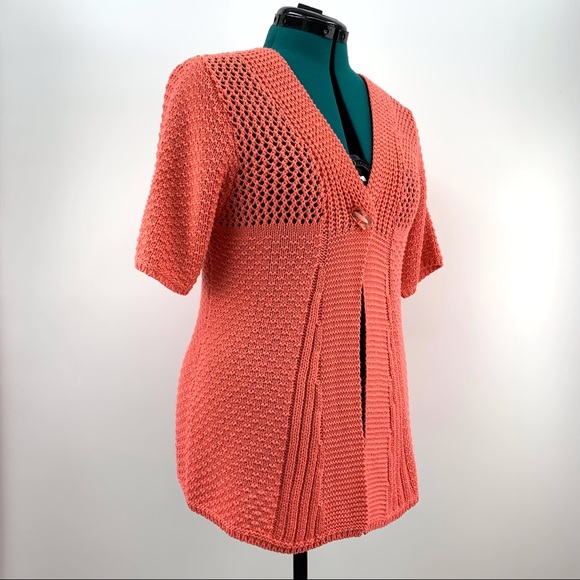 Today's Designer Salmon Pink Single Button Short Sleeve Knit Cardigan, Medium - Picture 11 of 16